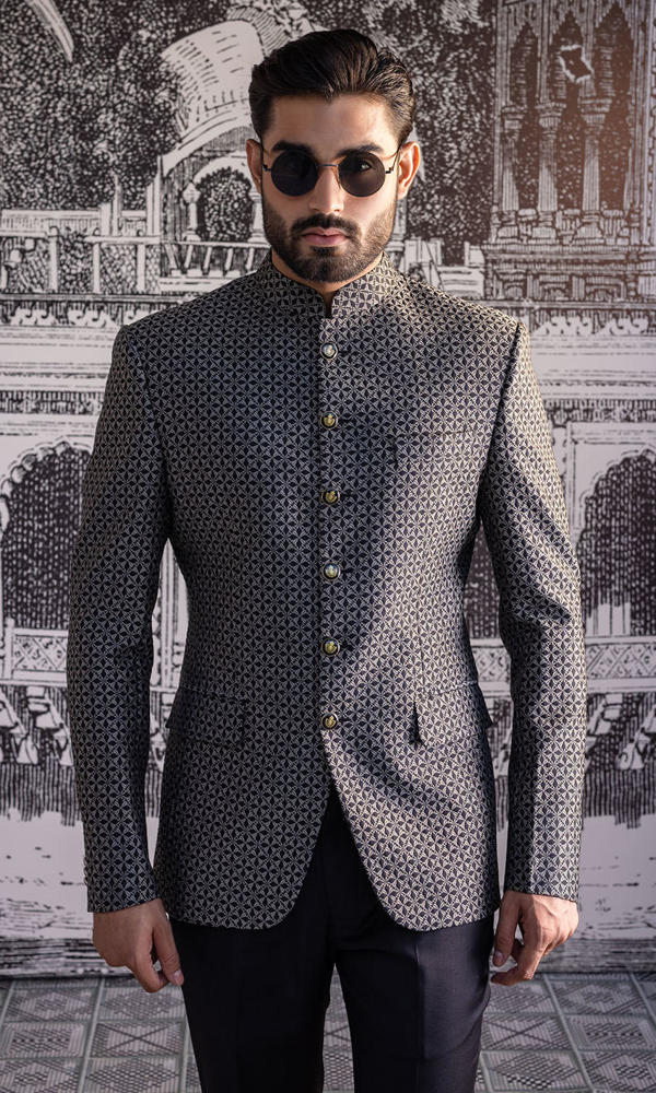 Monochrome Geometric Brocade Prince Coat (2-Piece) - Image 3