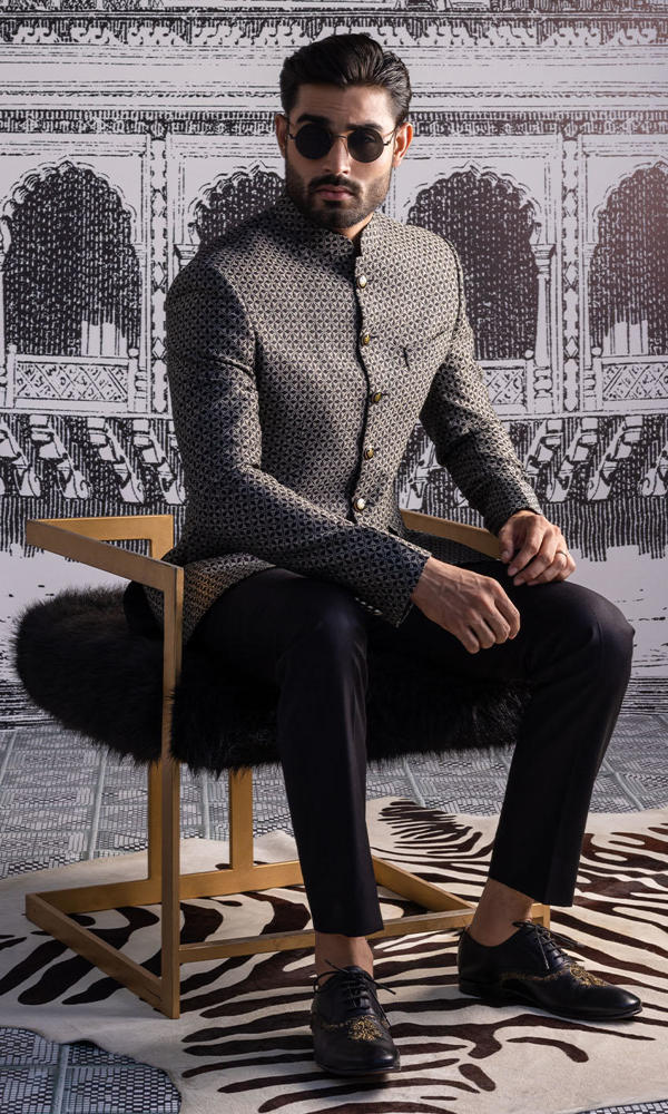 Monochrome Geometric Brocade Prince Coat (2-Piece) - Image 5