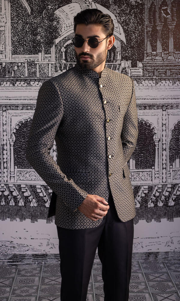 Monochrome Geometric Brocade Prince Coat (2-Piece) - Image 6