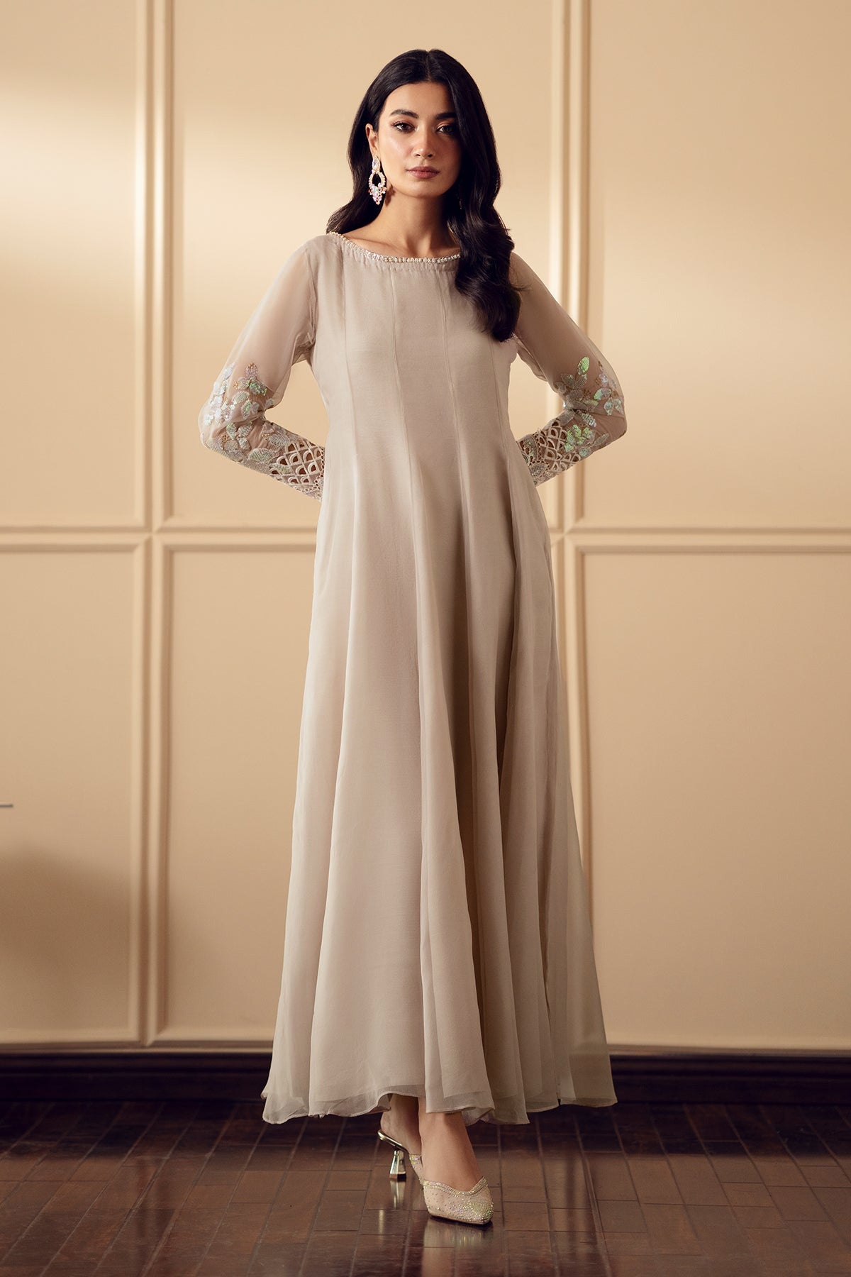 Skin Embroidered Chiffon Anarkali Dress (3-Piece) - Image 3