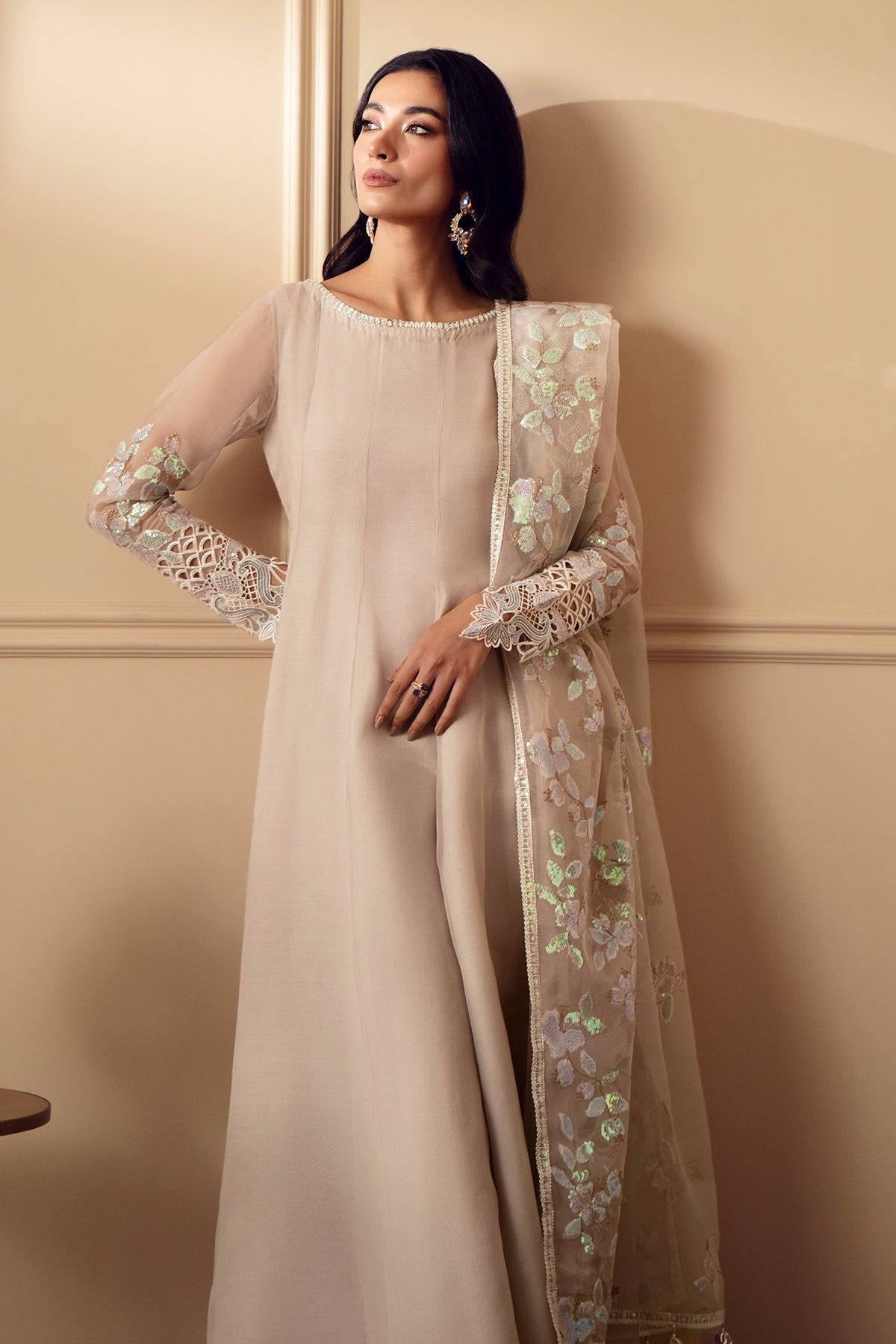 Skin Embroidered Chiffon Anarkali Dress (3-Piece) - Image 4