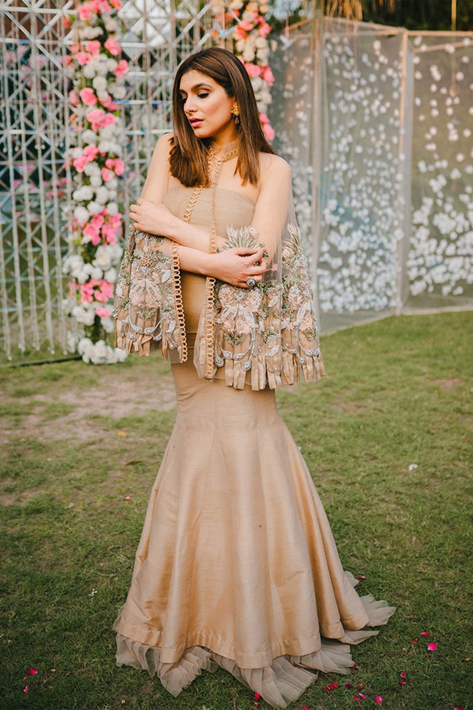 Nude Embellished Raw Silk Mermaid Gown (2-Piece) - Image 3