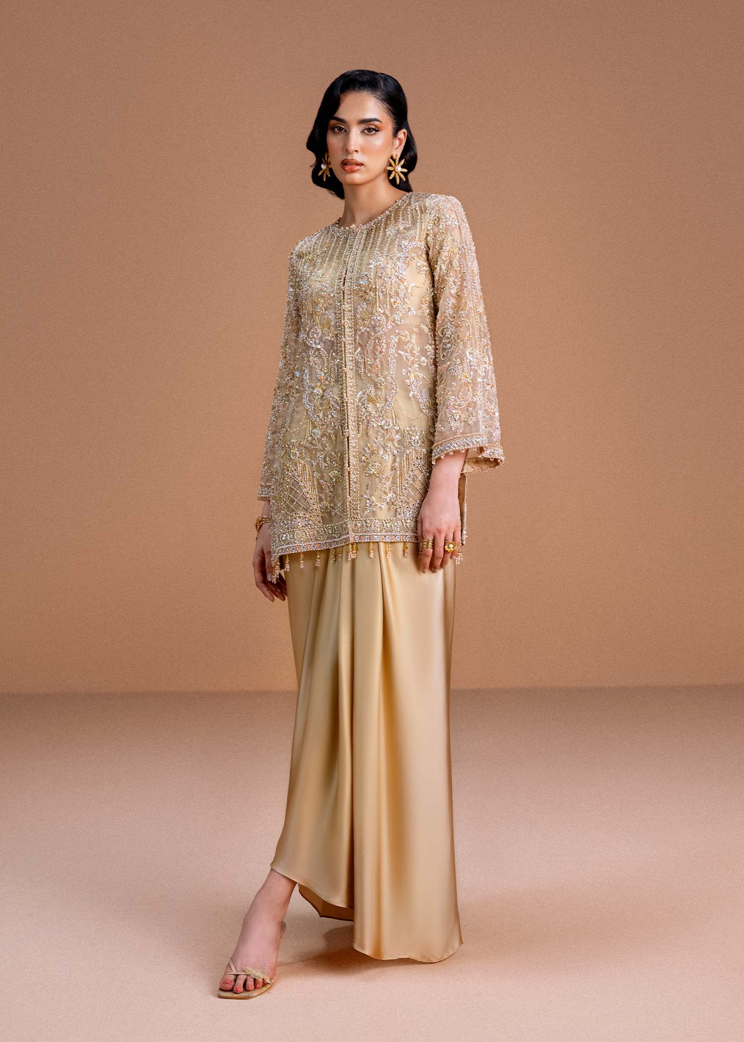 Indian Honey Nude Embroidered Organza Shirt with Draped Skirt (2-Piece) - Image 1