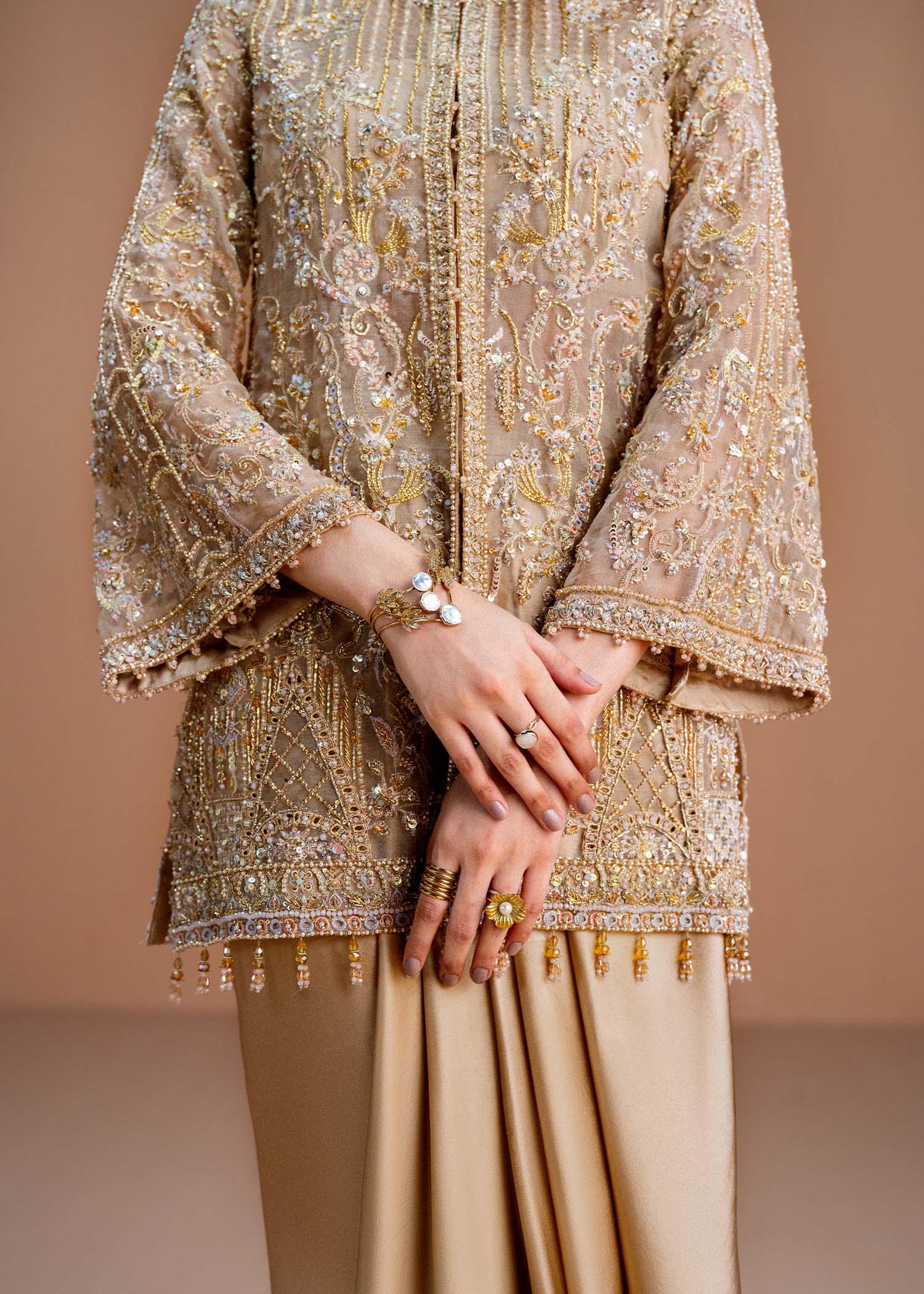 Indian Honey Nude Embroidered Organza Shirt with Draped Skirt (2-Piece) - Image 2