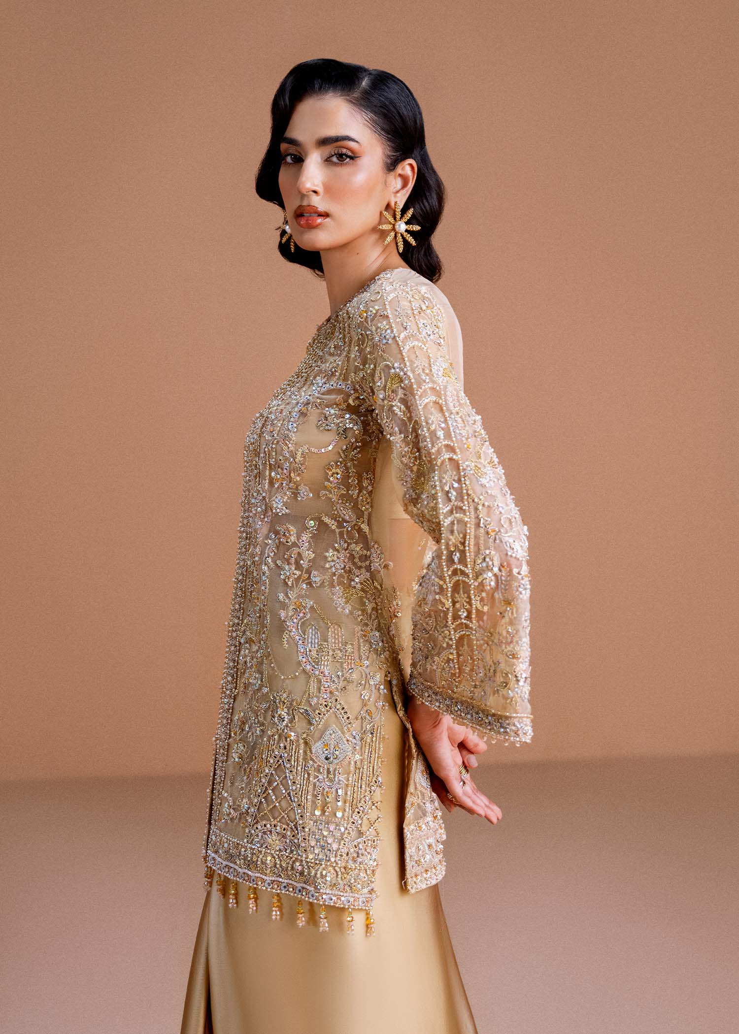 Indian Honey Nude Embroidered Organza Shirt with Draped Skirt (2-Piece) - Image 5