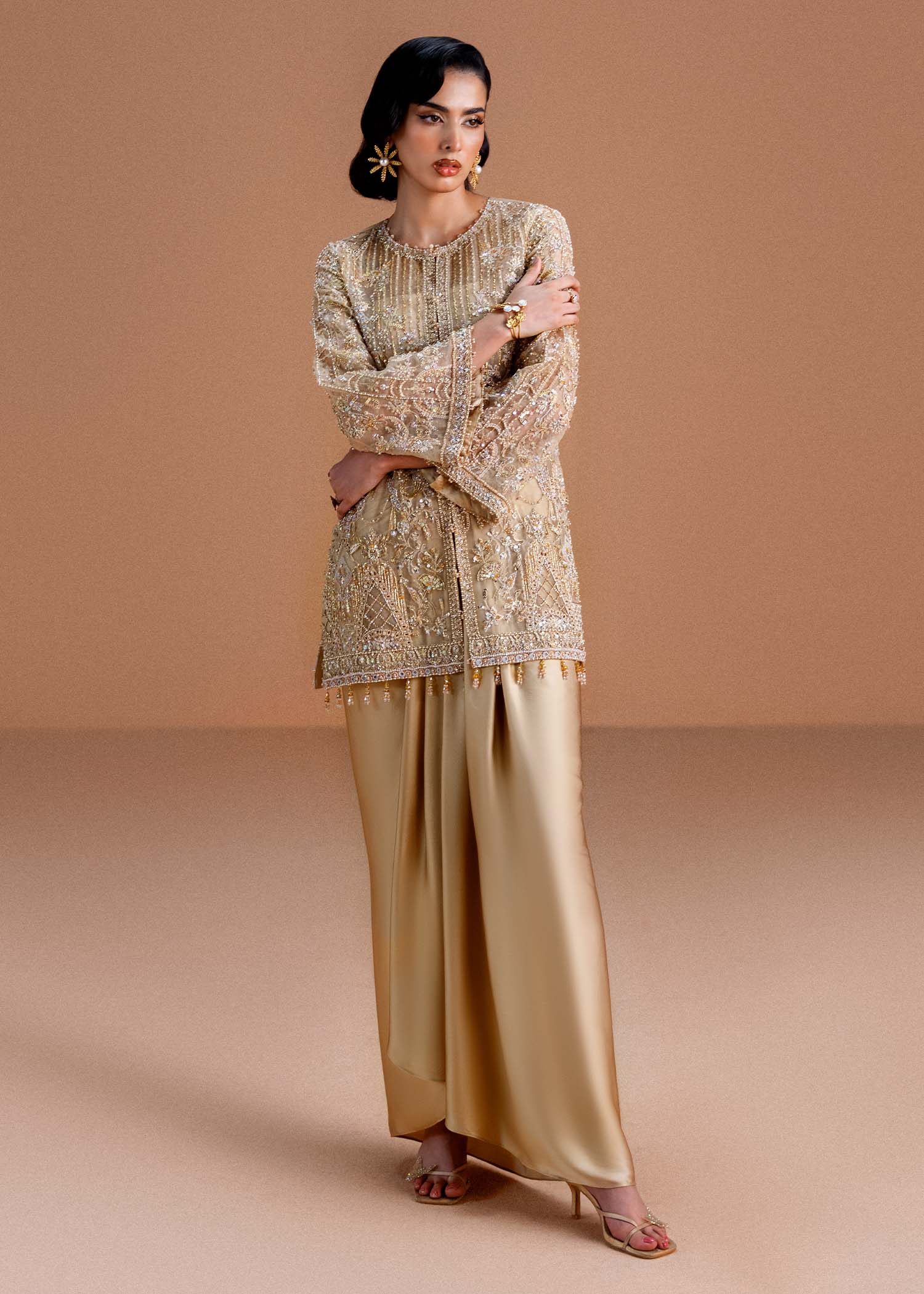 Indian Honey Nude Embroidered Organza Shirt with Draped Skirt (2-Piece) - Image 8