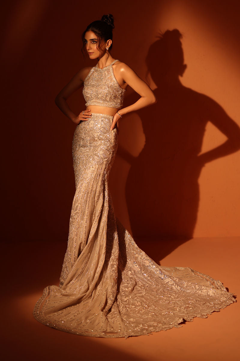 Pakistani Pastel Nude Swarovski Net Crop Top & Mermaid Skirt (2-Piece) - Image 1