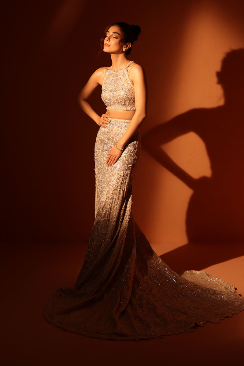 Pakistani Pastel Nude Swarovski Net Crop Top & Mermaid Skirt (2-Piece) - Image 2