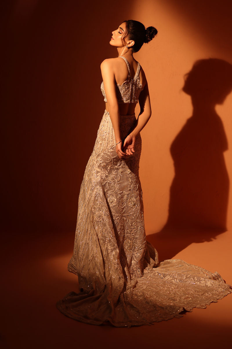 Pakistani Pastel Nude Swarovski Net Crop Top & Mermaid Skirt (2-Piece) - Image 3