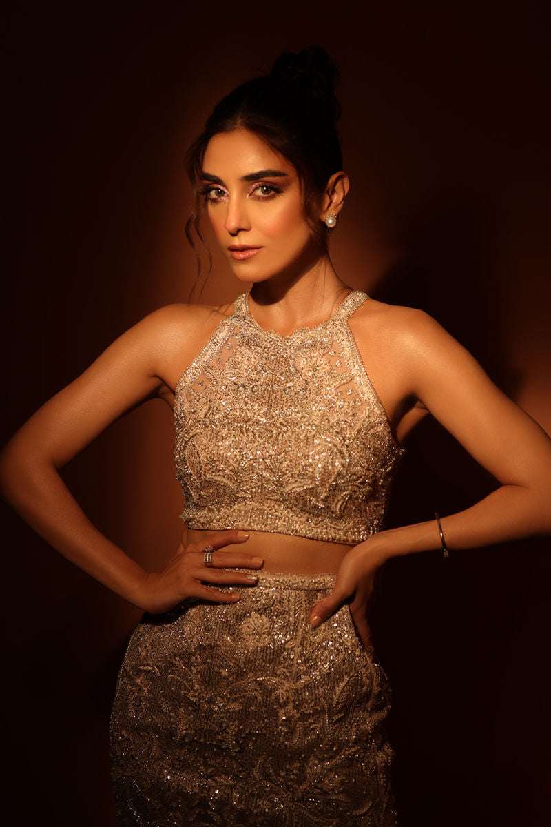 Pakistani Pastel Nude Swarovski Net Crop Top & Mermaid Skirt (2-Piece) - Image 4