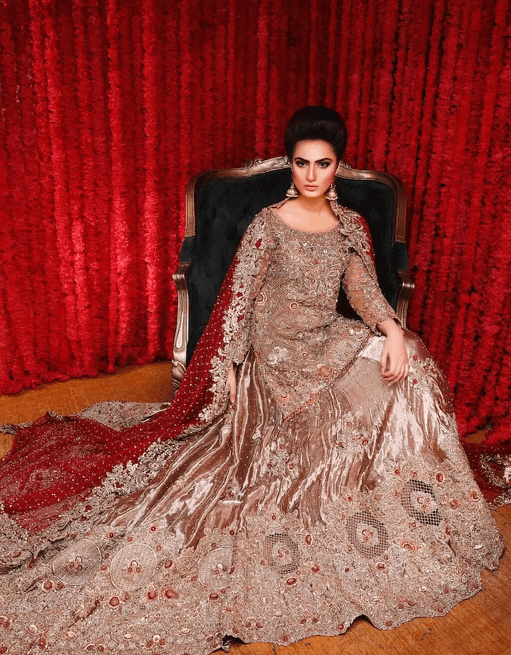 Nude and Red Stonework Silk Gharara (3-Piece) - Image 2