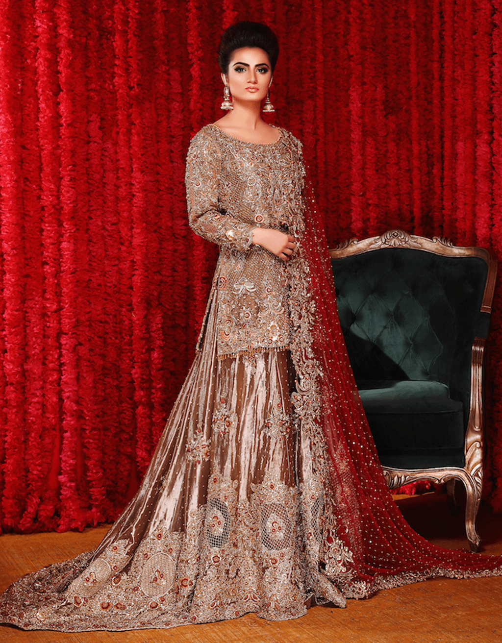 Pakistani Nude Stone-Embellished Silk Gharara Dress (3-Piece) - Image 1
