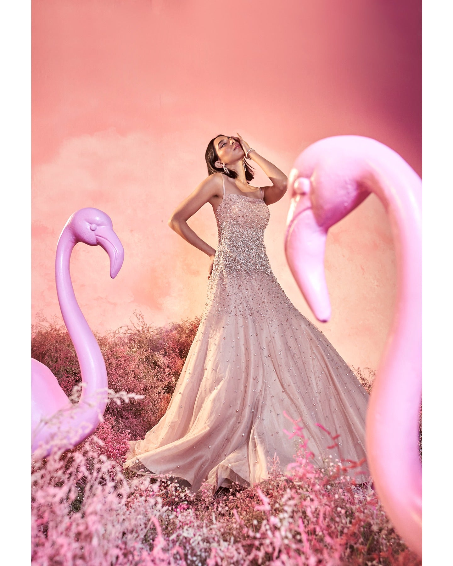 Light Nude Hand-Embroidered Mesh Crepe Gown (1-Pc) - Image 3