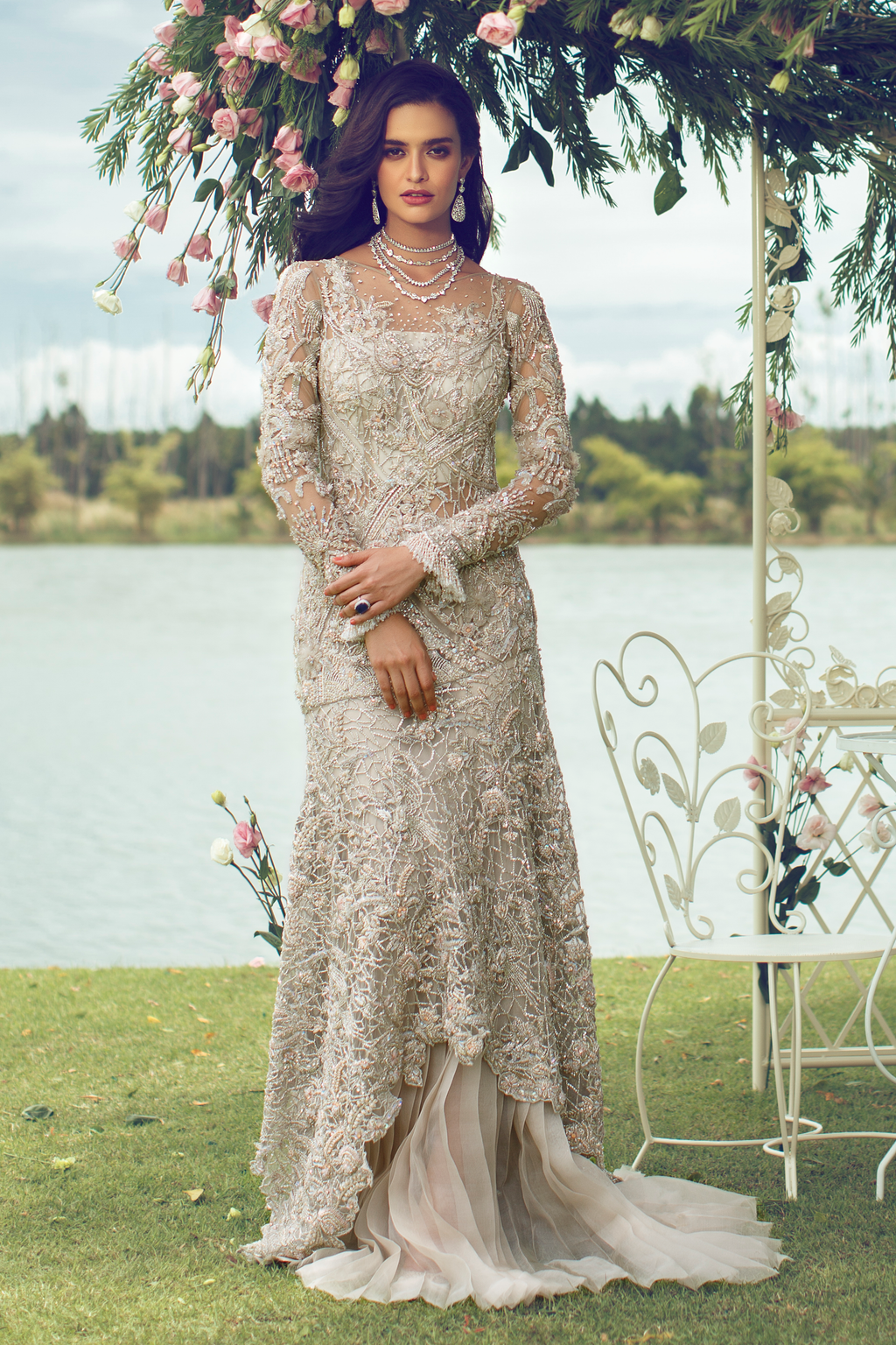 Nude Hand-Embellished Net Gown (1-Pc) - Image 1