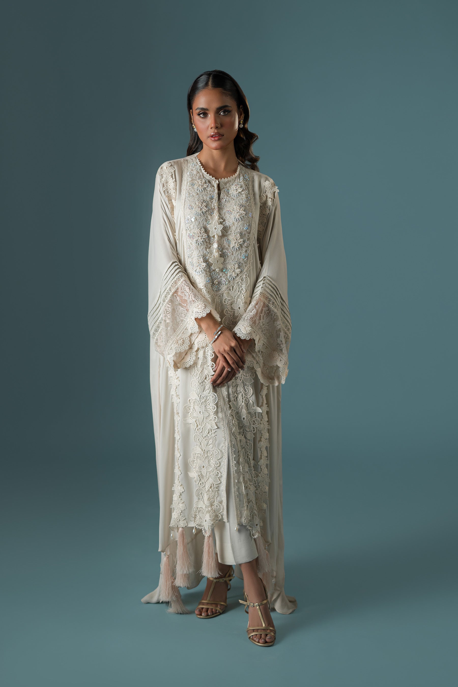 Pakistani Nude Stone Lace-Embellished Kaftan Set (3-Piece) - Image 1