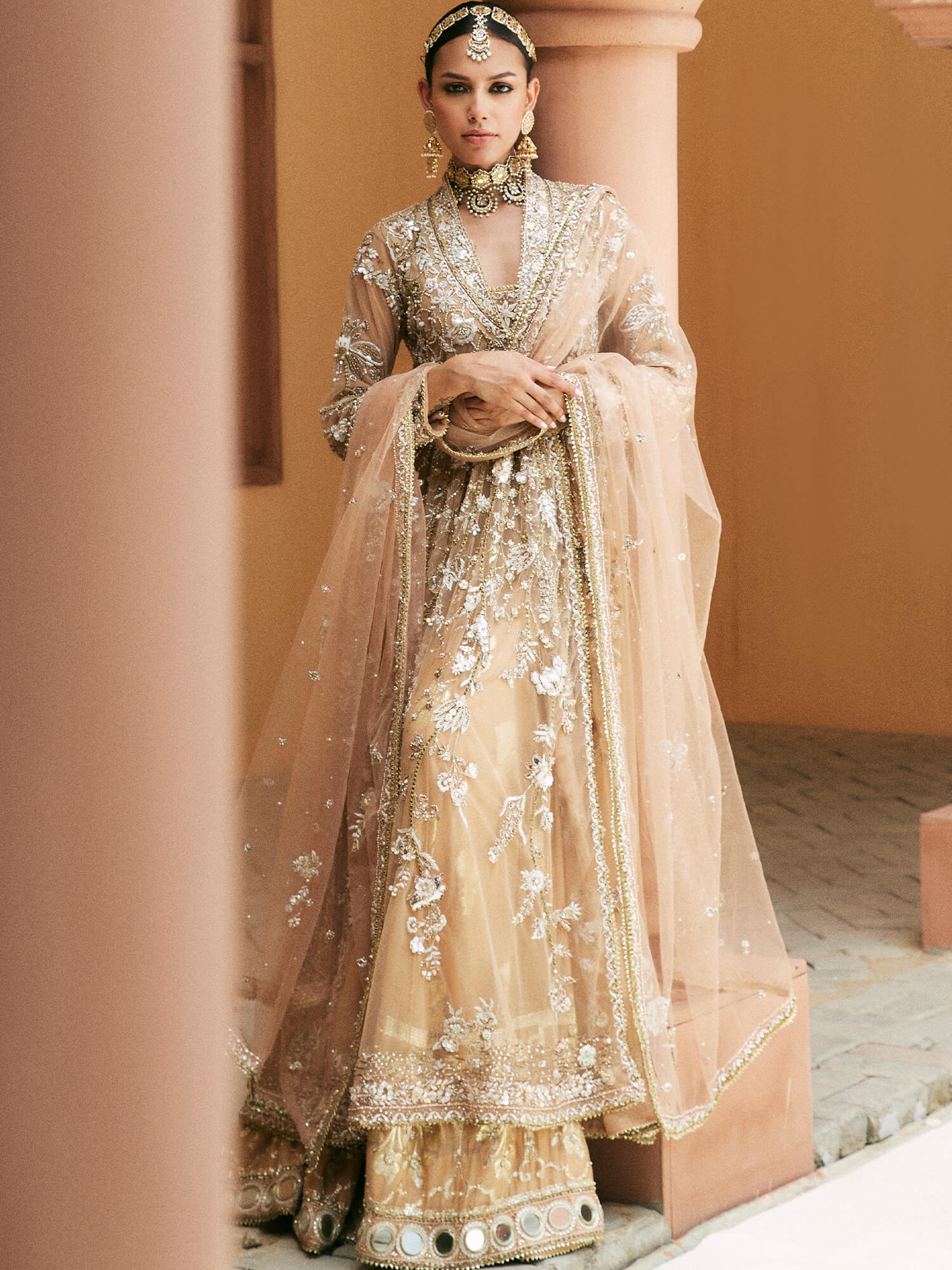 Pakistani Nude Sand Embroidered Khaddi Silk Angarkha Lehenga (3-Piece) - Image 1