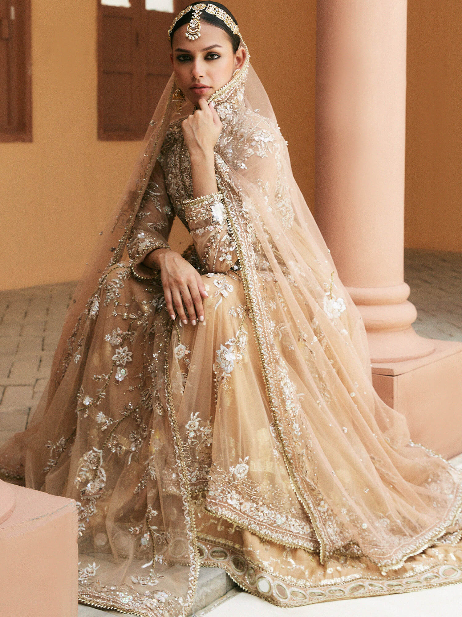 Pakistani Nude Sand Embroidered Khaddi Silk Angarkha Lehenga (3-Piece) - Image 2