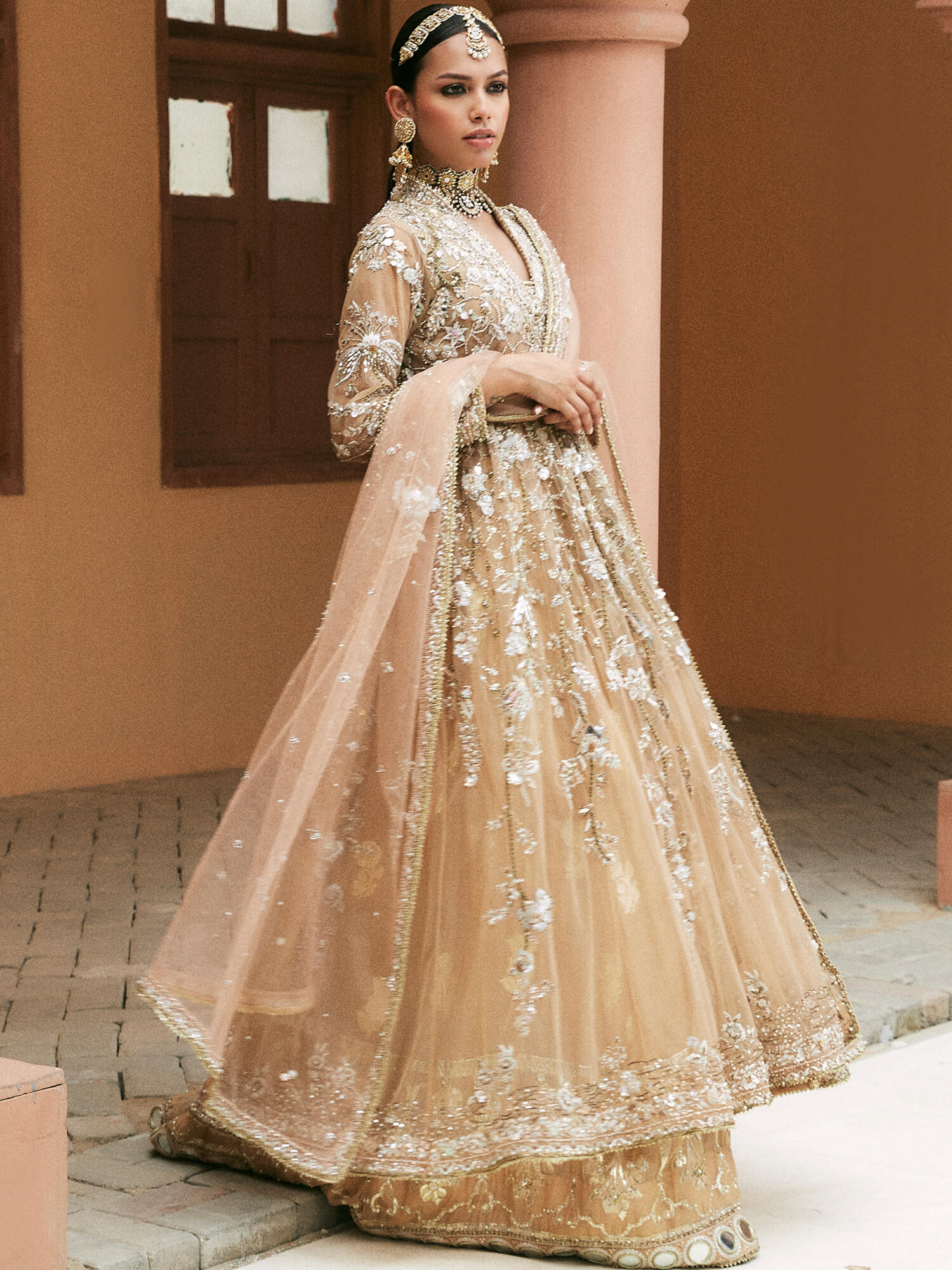 Pakistani Nude Sand Embroidered Khaddi Silk Angarkha Lehenga (3-Piece) - Image 3