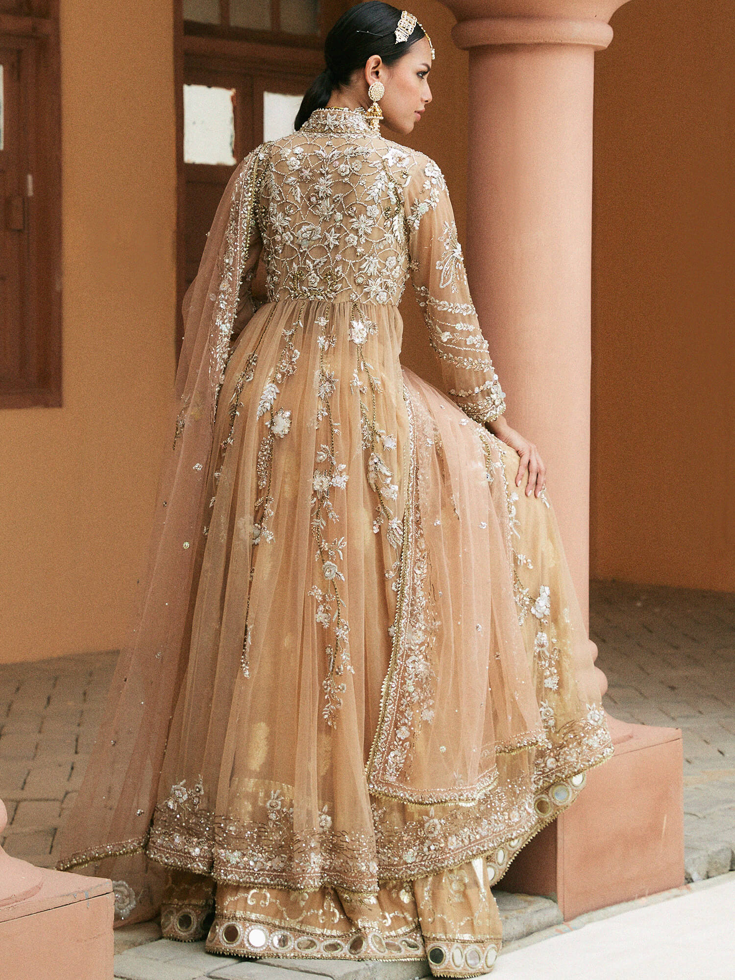 Pakistani Nude Sand Embroidered Khaddi Silk Angarkha Lehenga (3-Piece) - Image 4