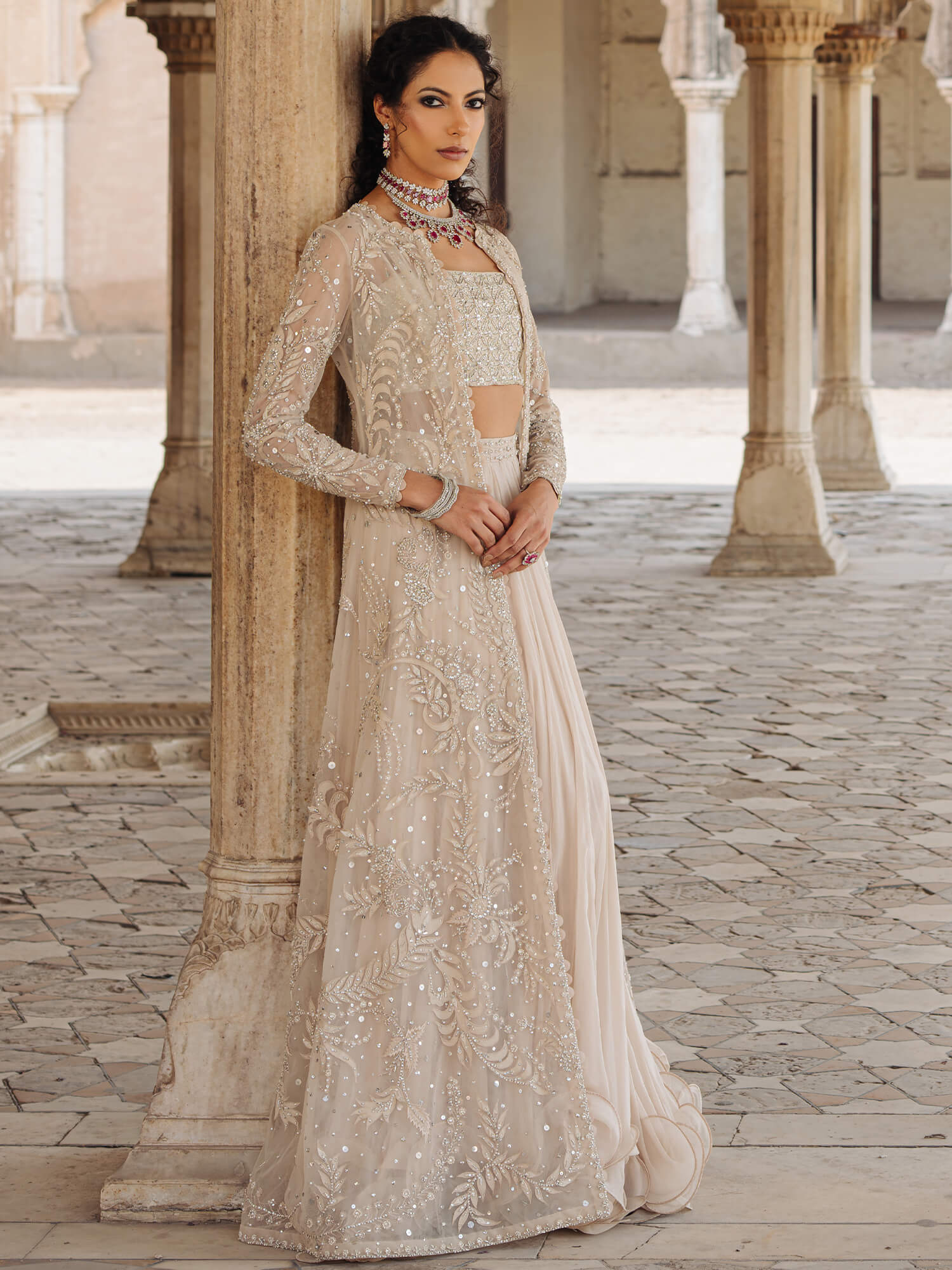 Pakistani Nude Embellished Net Coat Khaddi Silk Lehenga (3-Piece) - Image 1
