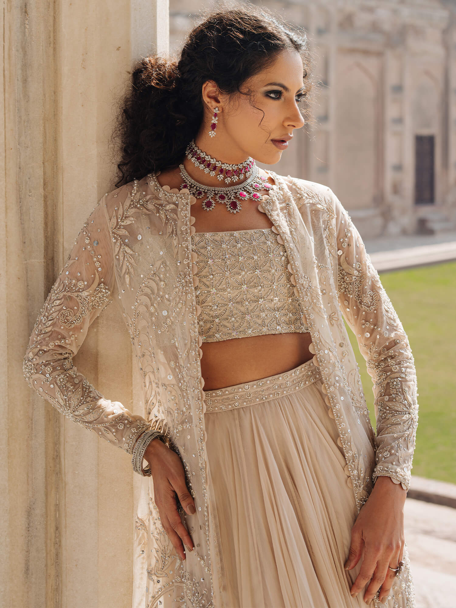 Pakistani Nude Embellished Net Coat Khaddi Silk Lehenga (3-Piece) - Image 2