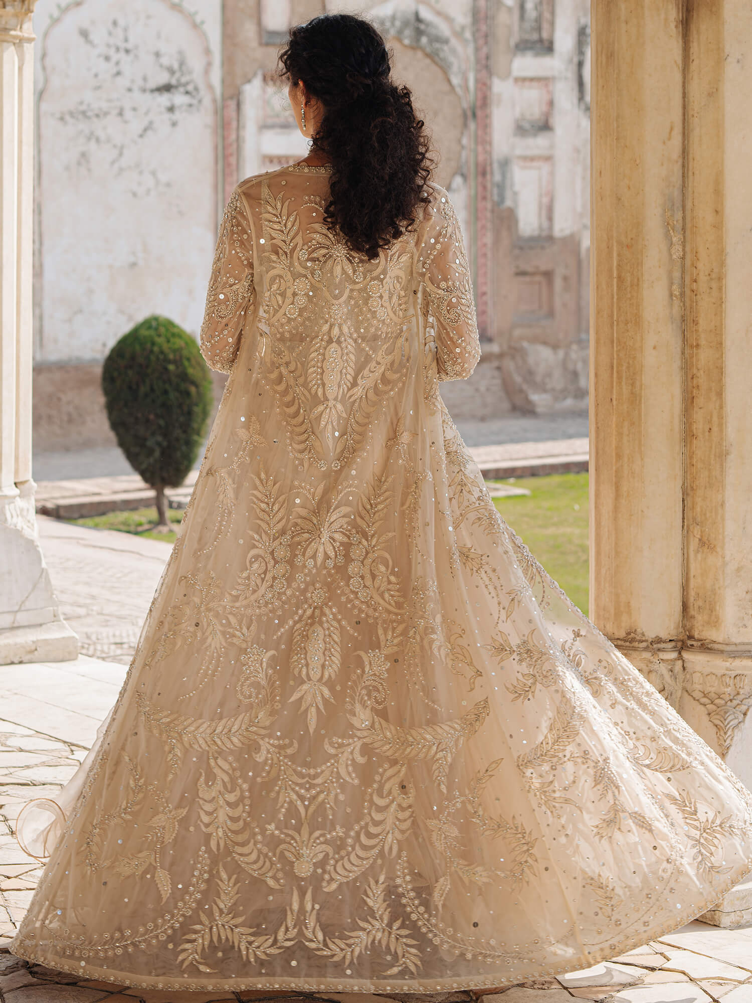 Pakistani Nude Embellished Net Coat Khaddi Silk Lehenga (3-Piece) - Image 3