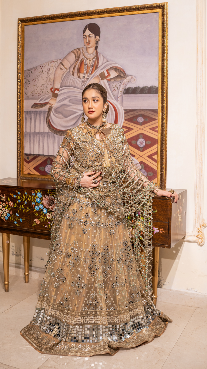Pakistani Skin Mirror Work Net & Tissue Lehenga (3-Piece) - Image 1