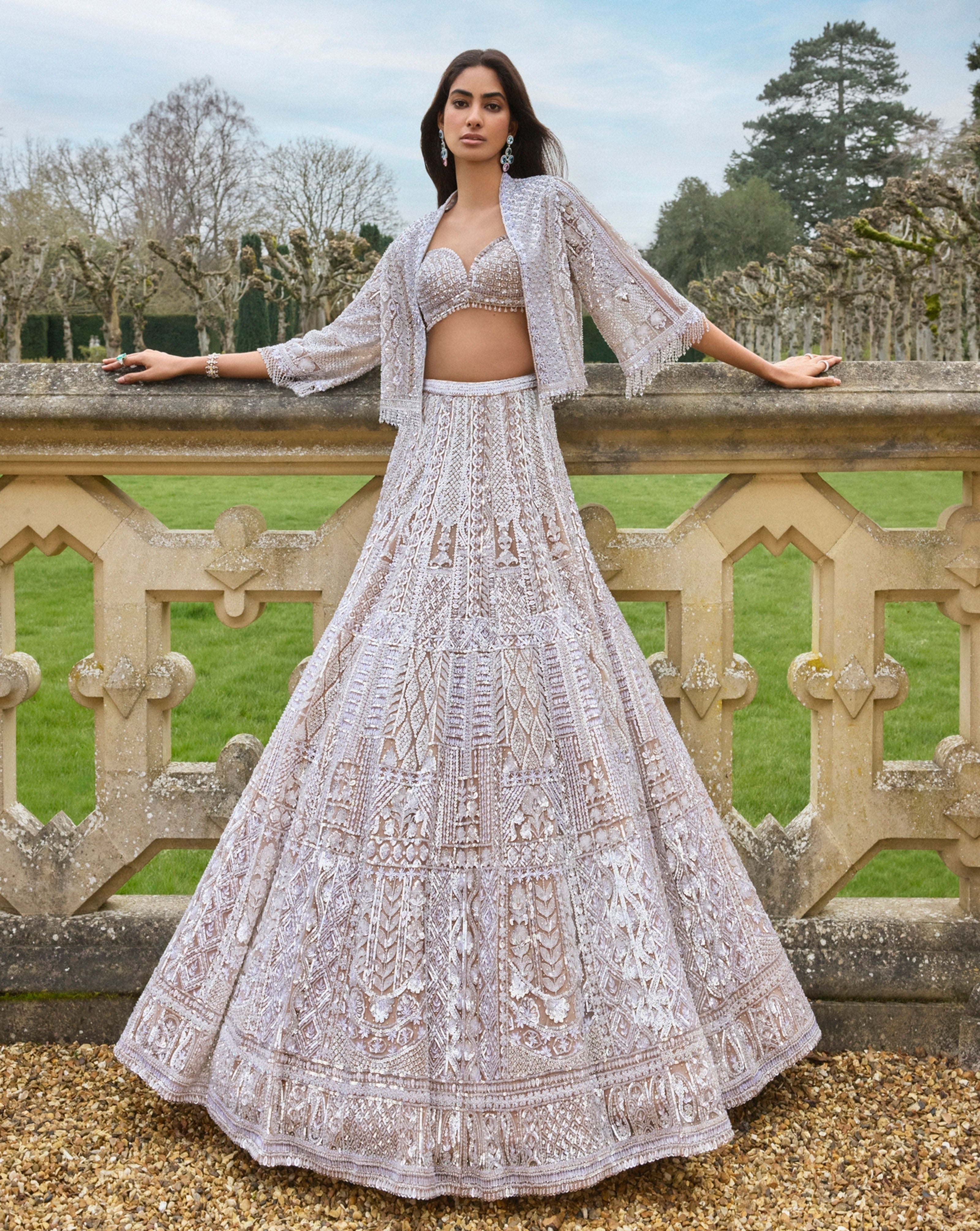 Nude Sequin & Crystal Net Lehenga Set (3-Piece) - Image 1