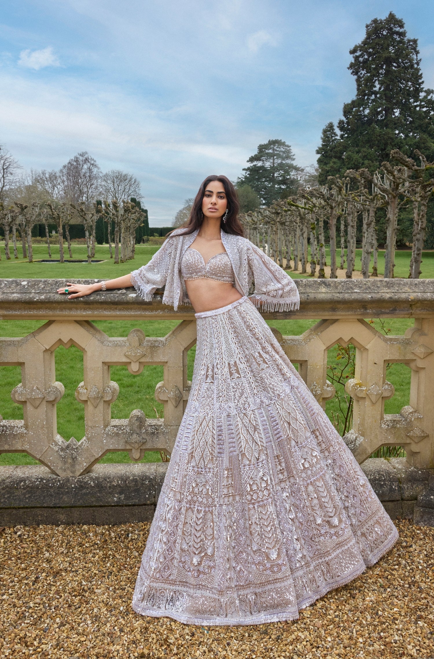 Nude Sequin & Crystal Net Lehenga Set (3-Piece) - Image 3