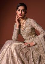 Skin Embroidered Organza Gown with Jamawar Lehnga (3-Piece) - Image 9