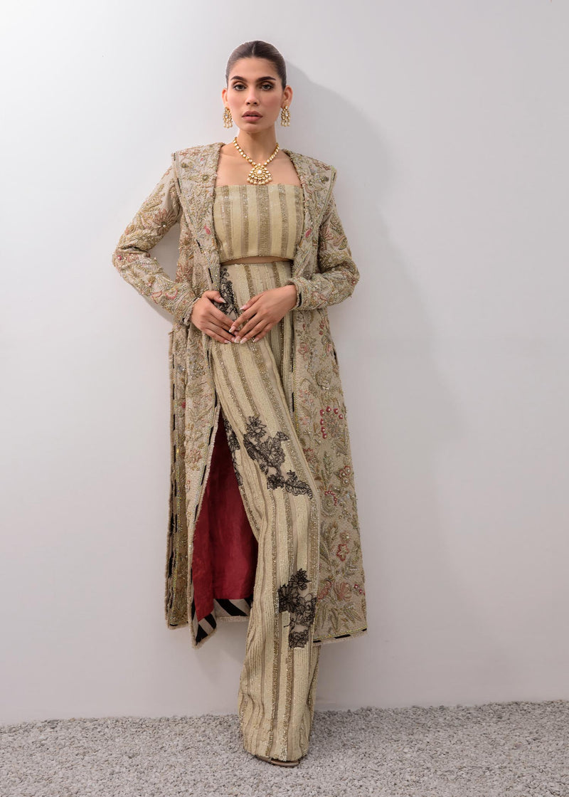 Pakistani Skin Embellished Raw Silk & Net Long Jacket (3-Piece) - Image 1