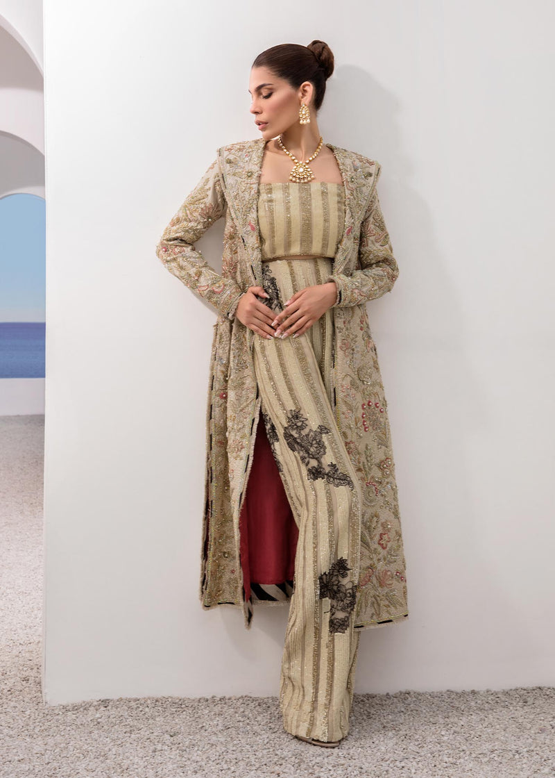 Pakistani Skin Embellished Raw Silk & Net Long Jacket (3-Piece) - Image 2