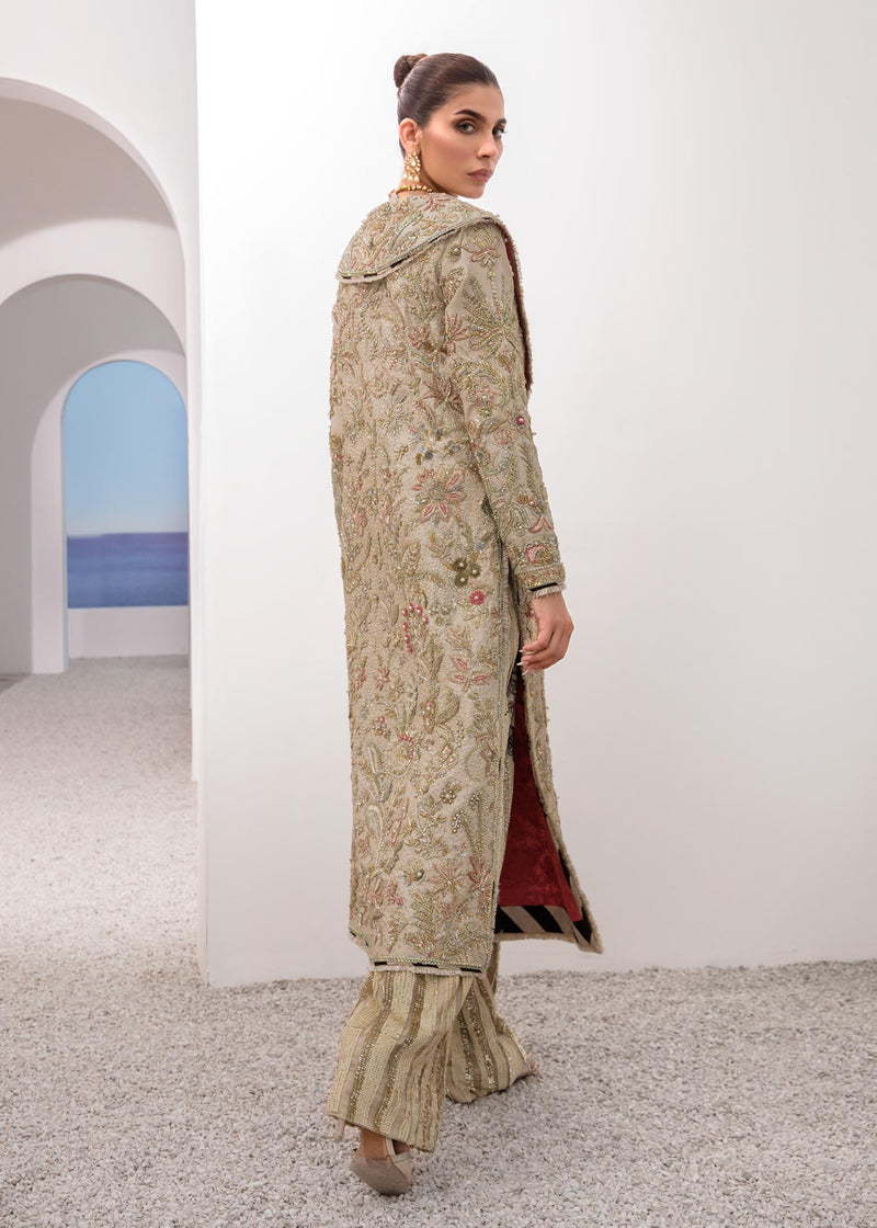 Pakistani Skin Embellished Raw Silk & Net Long Jacket (3-Piece) - Image 4