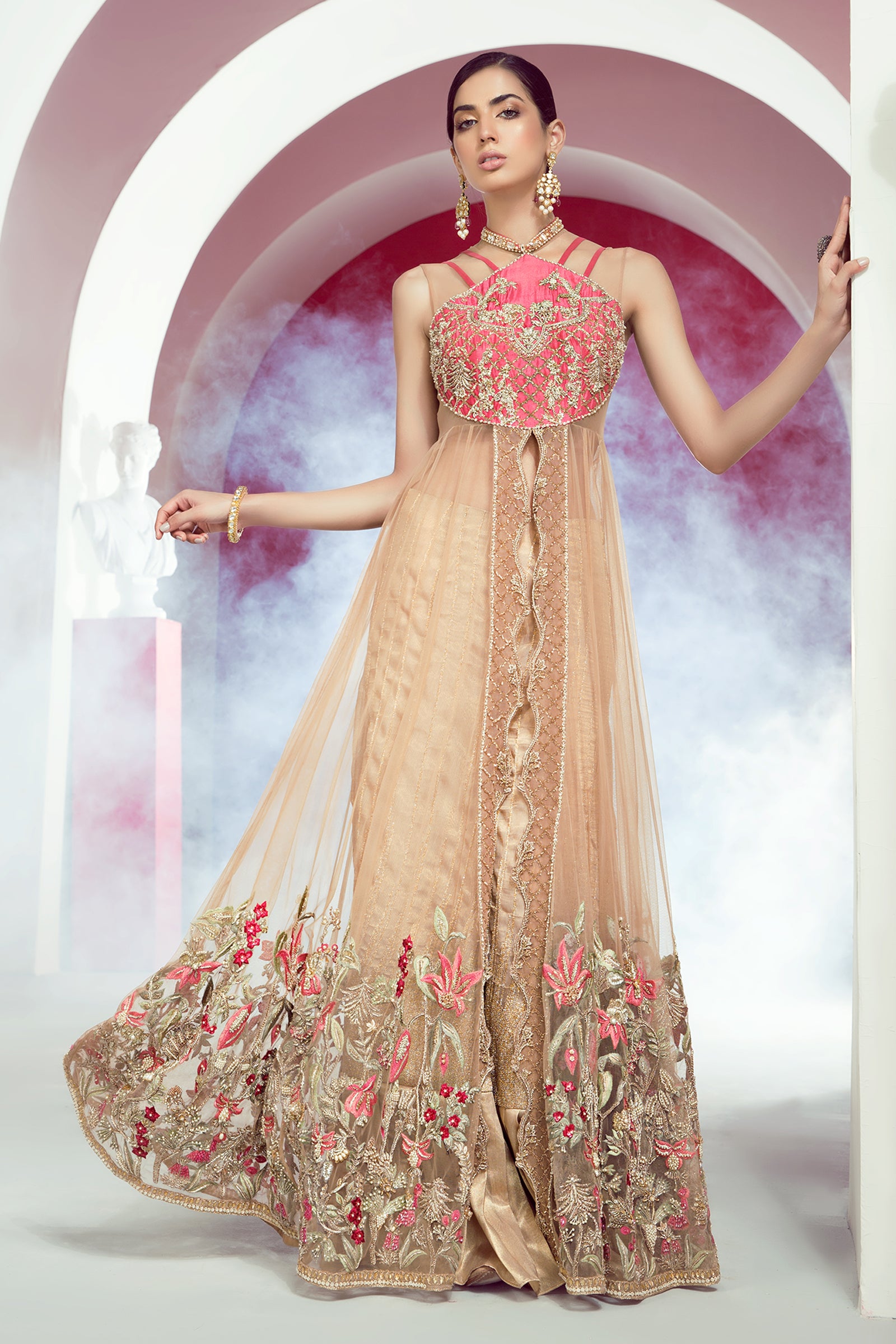 Pakistani Nude Embellished Net Pishwas Dress (2-Piece) - Image 1