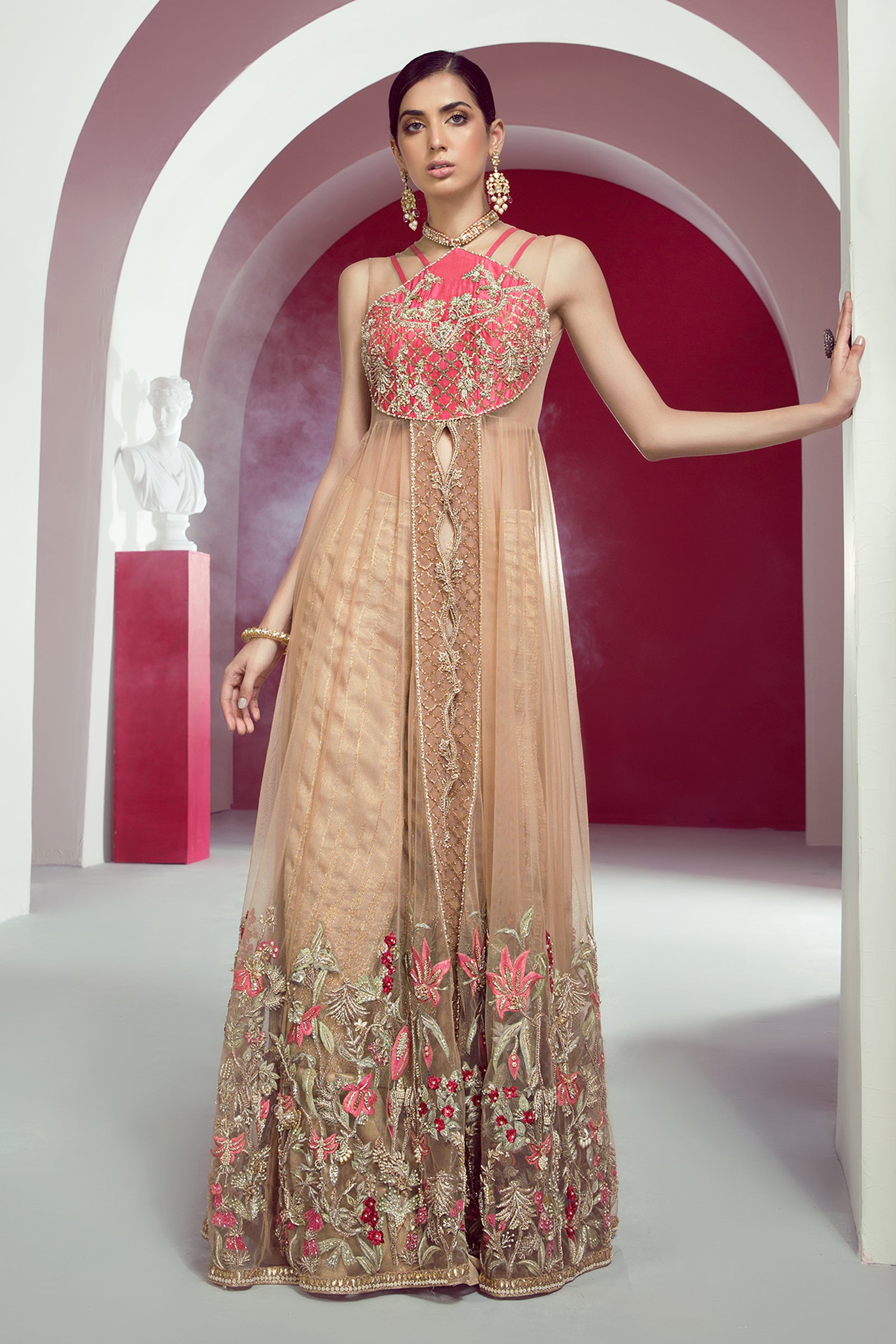 Pakistani Nude Embellished Net Pishwas Dress (2-Piece) - Image 2