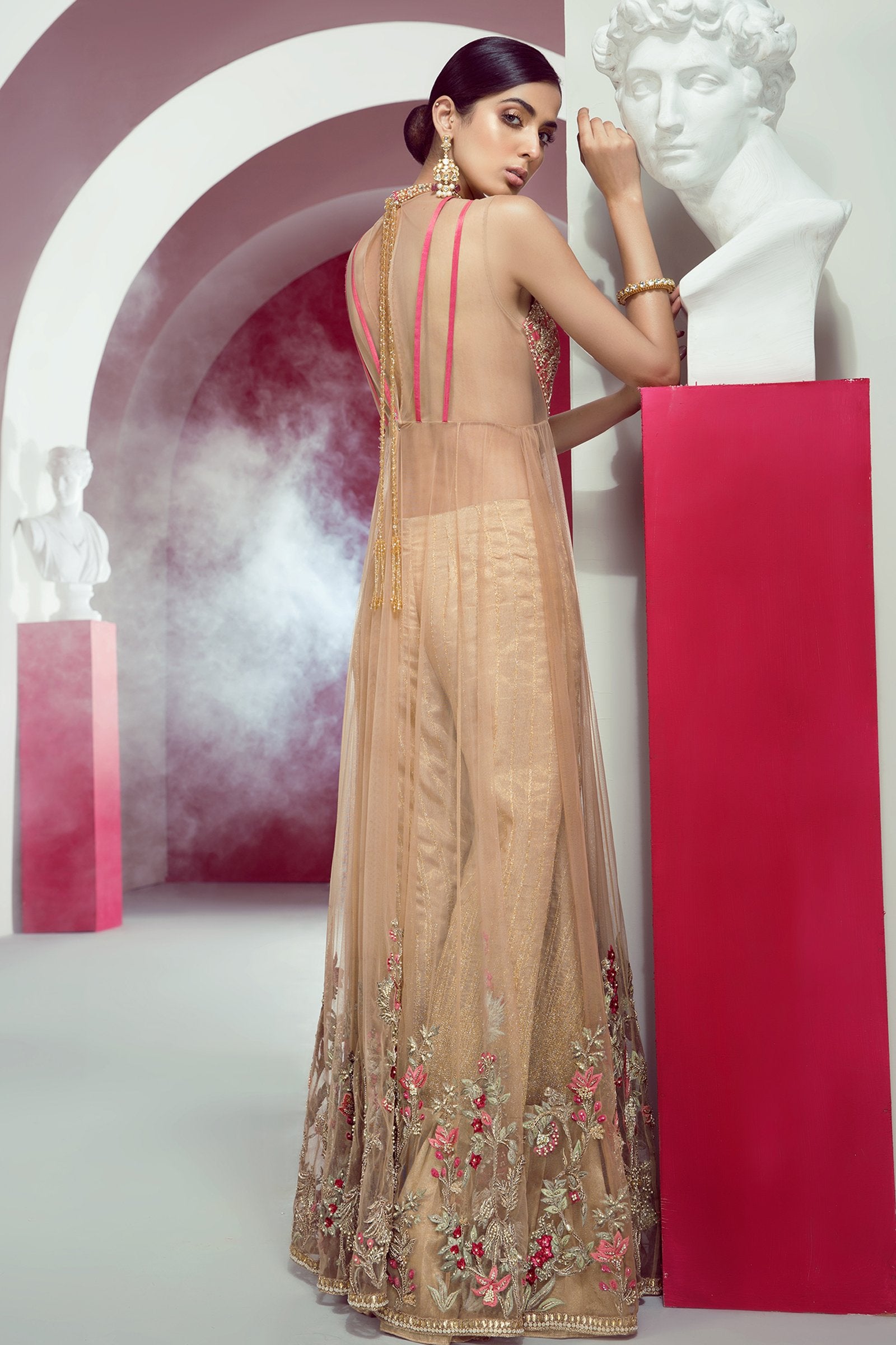Pakistani Nude Embellished Net Pishwas Dress (2-Piece) - Image 3