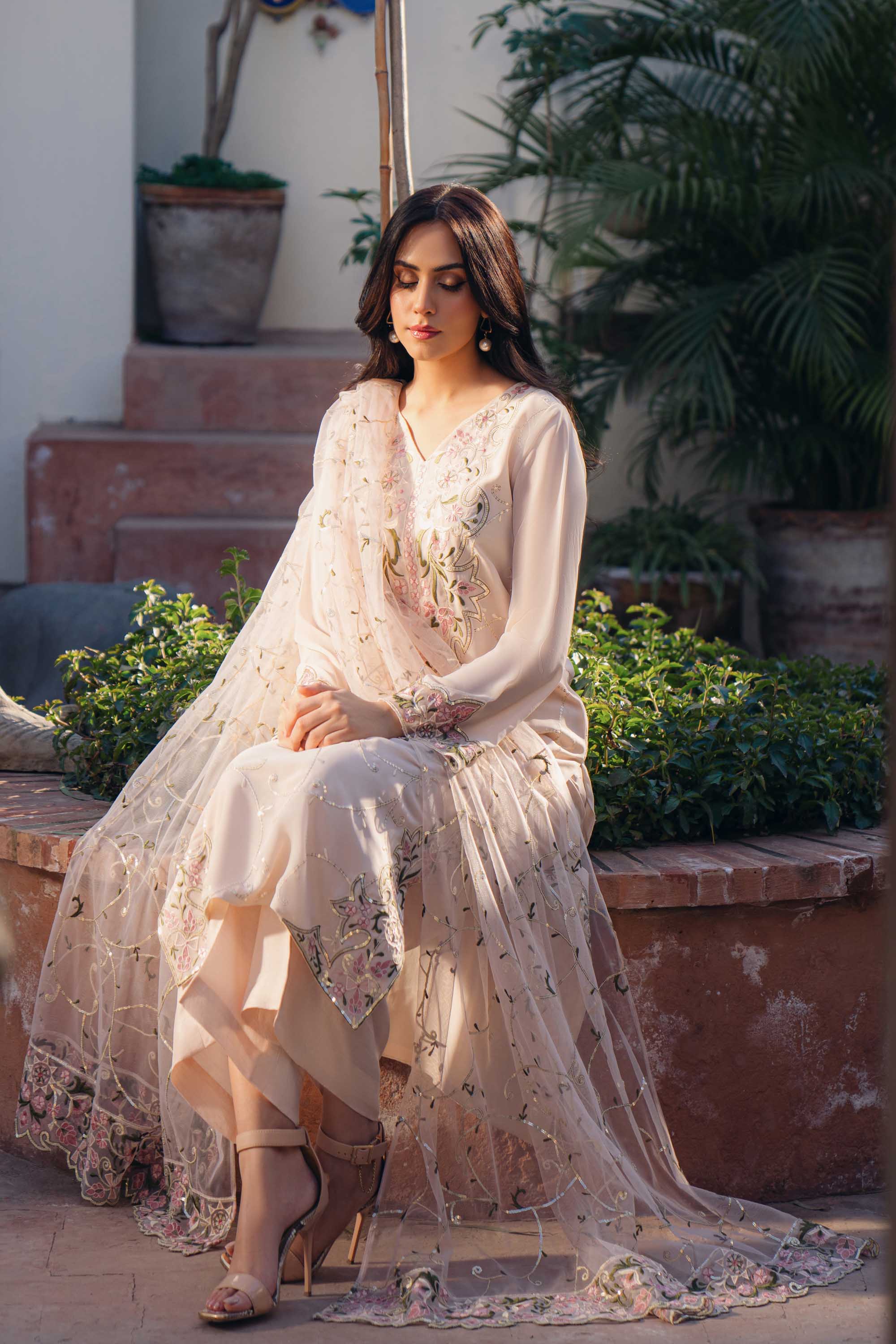 Parfait Nude Embroidered Georgette Salwar Kameez (3-Piece) - Image 2