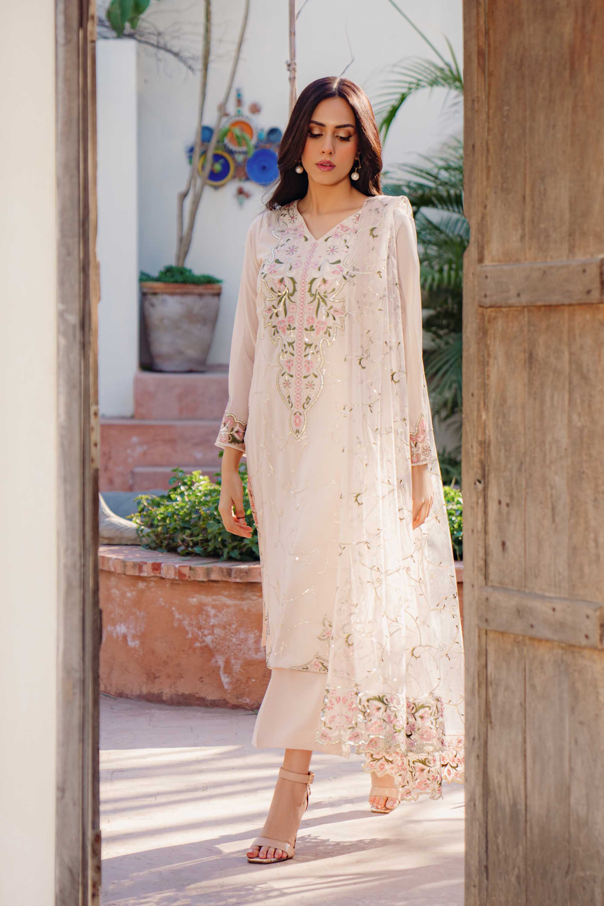 Parfait Nude Embroidered Georgette Salwar Kameez (3-Piece) - Image 4