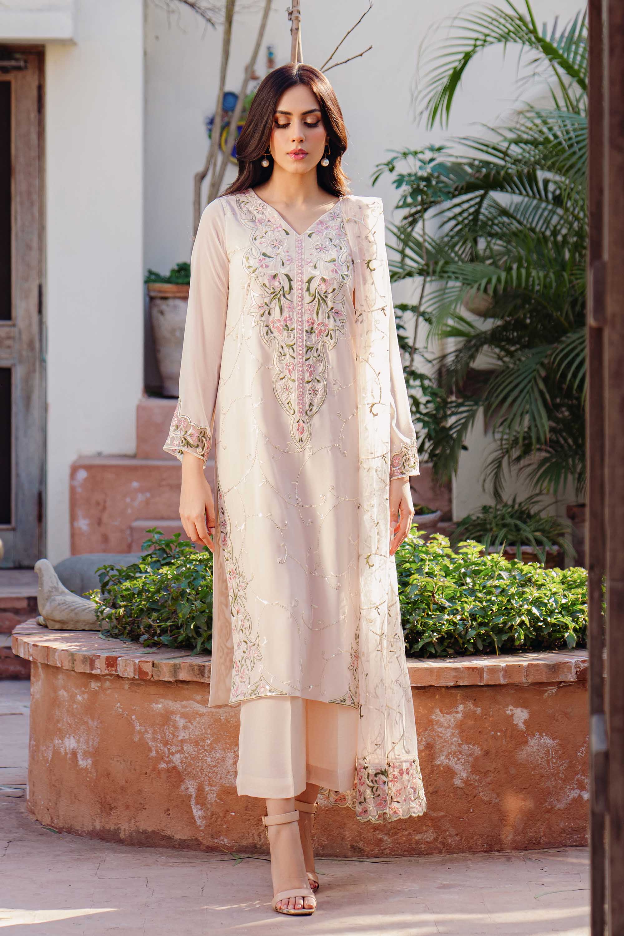 Parfait Nude Embroidered Georgette Salwar Kameez (3-Piece) - Image 7
