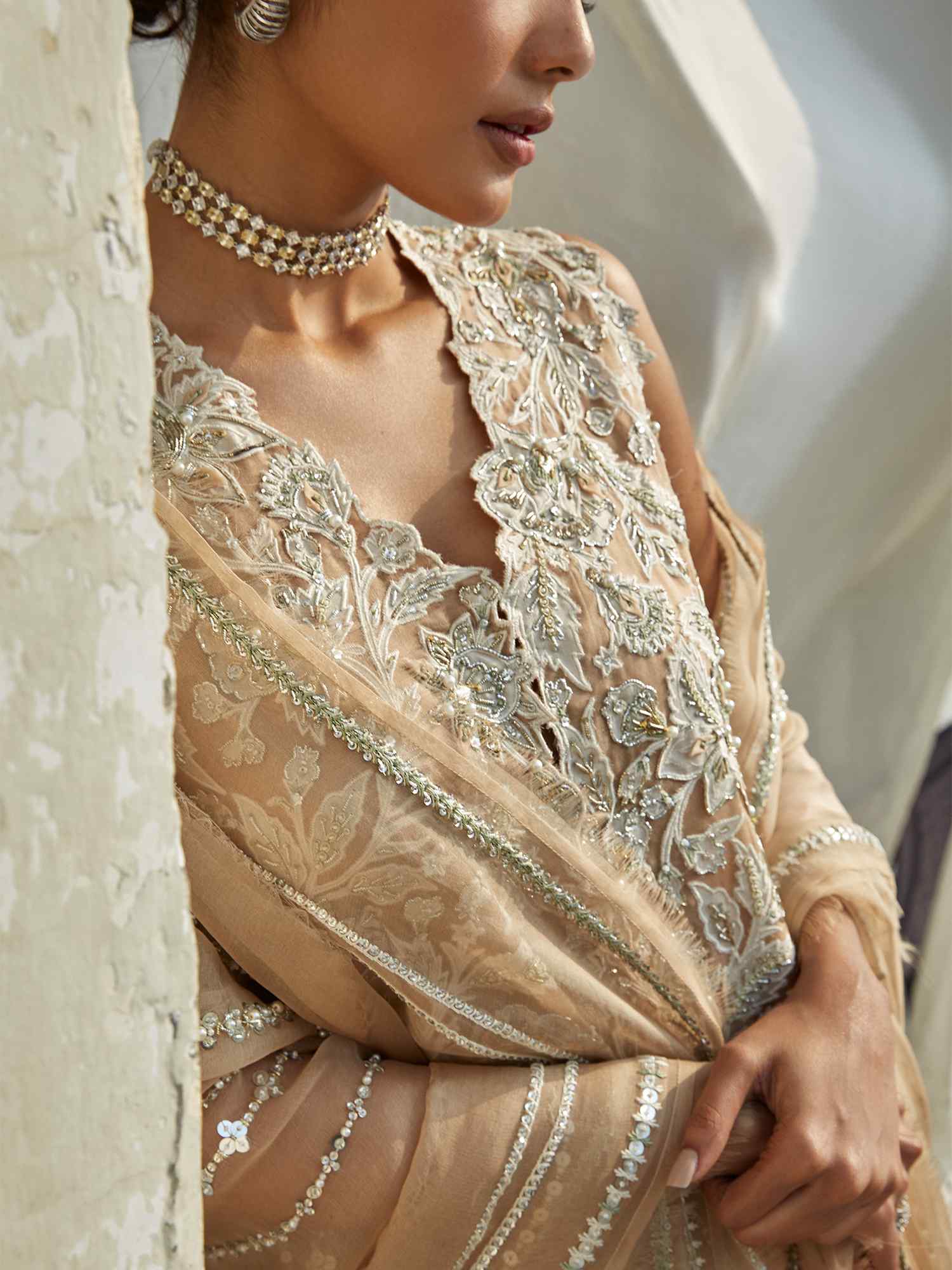 Nude Embroidered Organza Koti with Raw Silk Pants (2-Piece) - Image 2