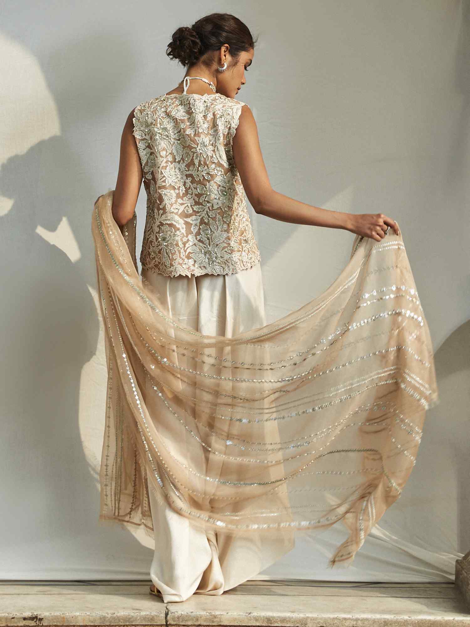 Nude Embroidered Organza Koti with Raw Silk Pants (2-Piece) - Image 3