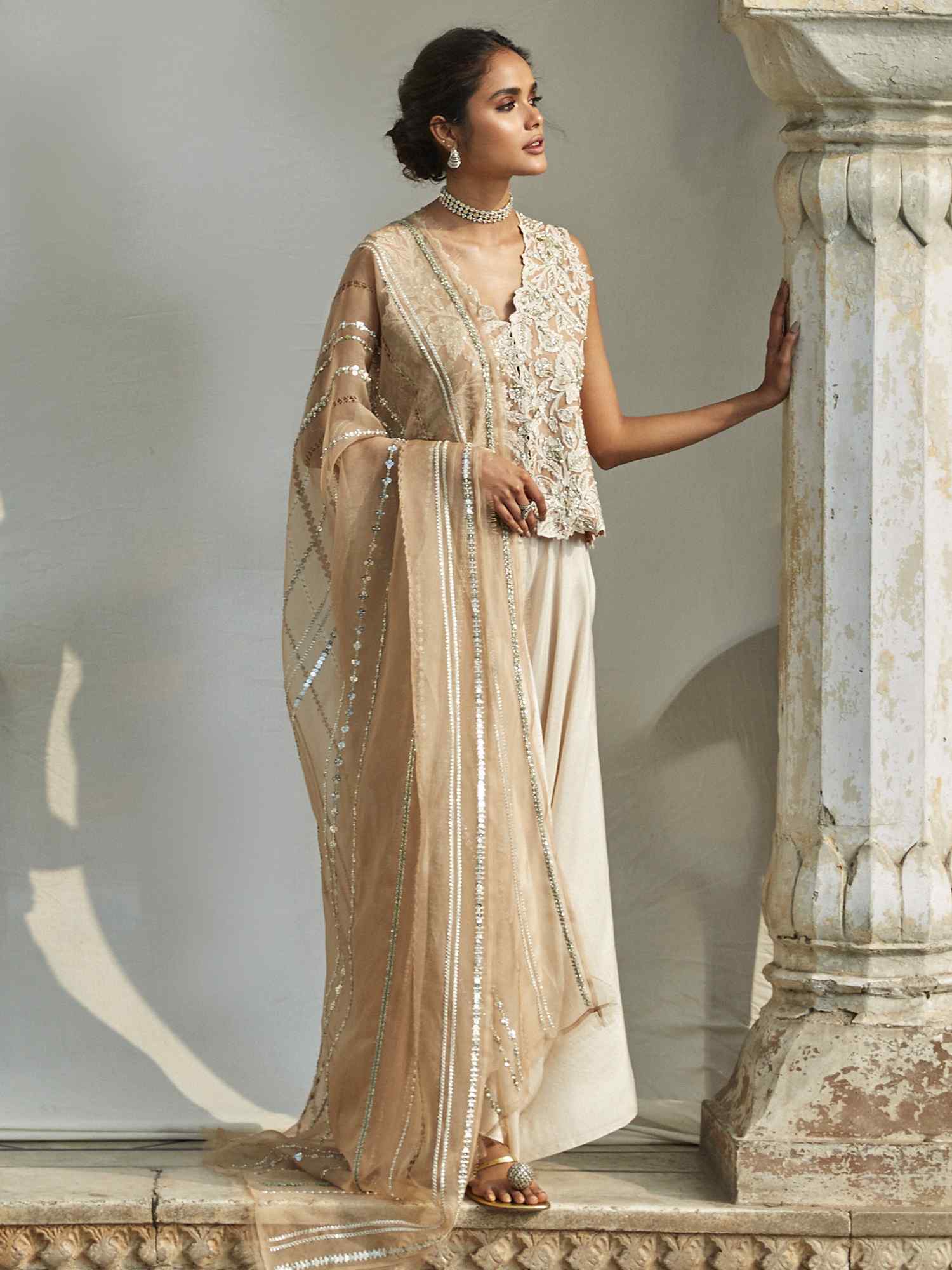 Nude Embroidered Organza Koti with Raw Silk Pants (2-Piece) - Image 4
