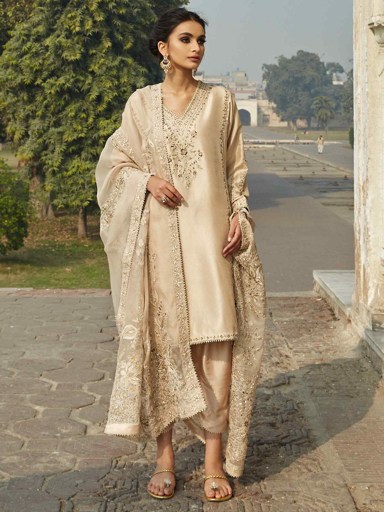 Nude Embroidered Raw Silk Salwar Kameez (3-Piece) - Image 1