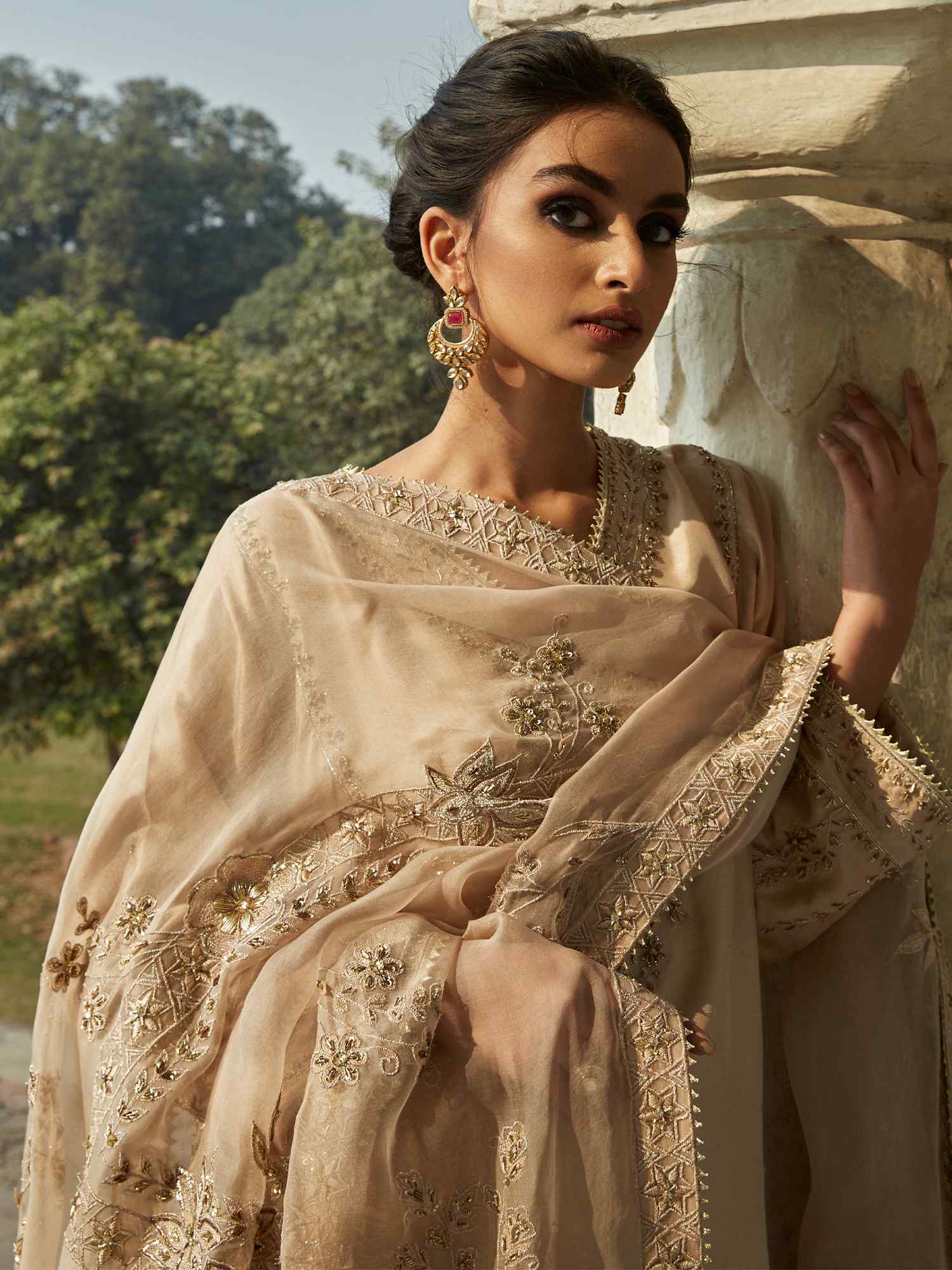 Nude Embroidered Raw Silk Salwar Kameez (3-Piece) - Image 2