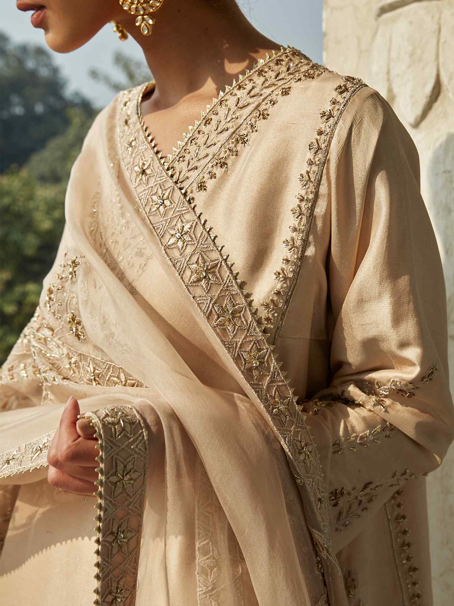 Nude Embroidered Raw Silk Salwar Kameez (3-Piece) - Image 3