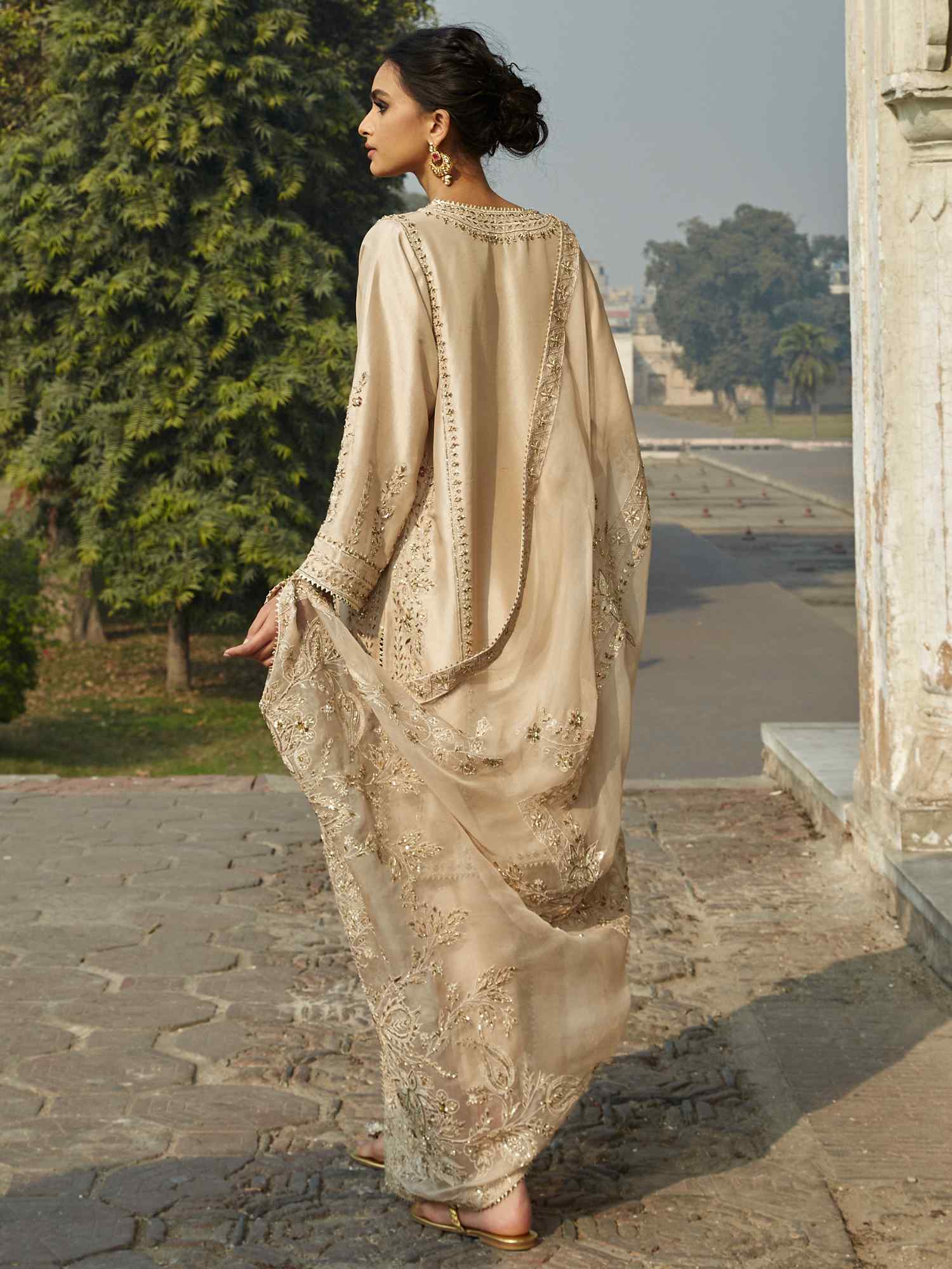 Nude Embroidered Raw Silk Salwar Kameez (3-Piece) - Image 5
