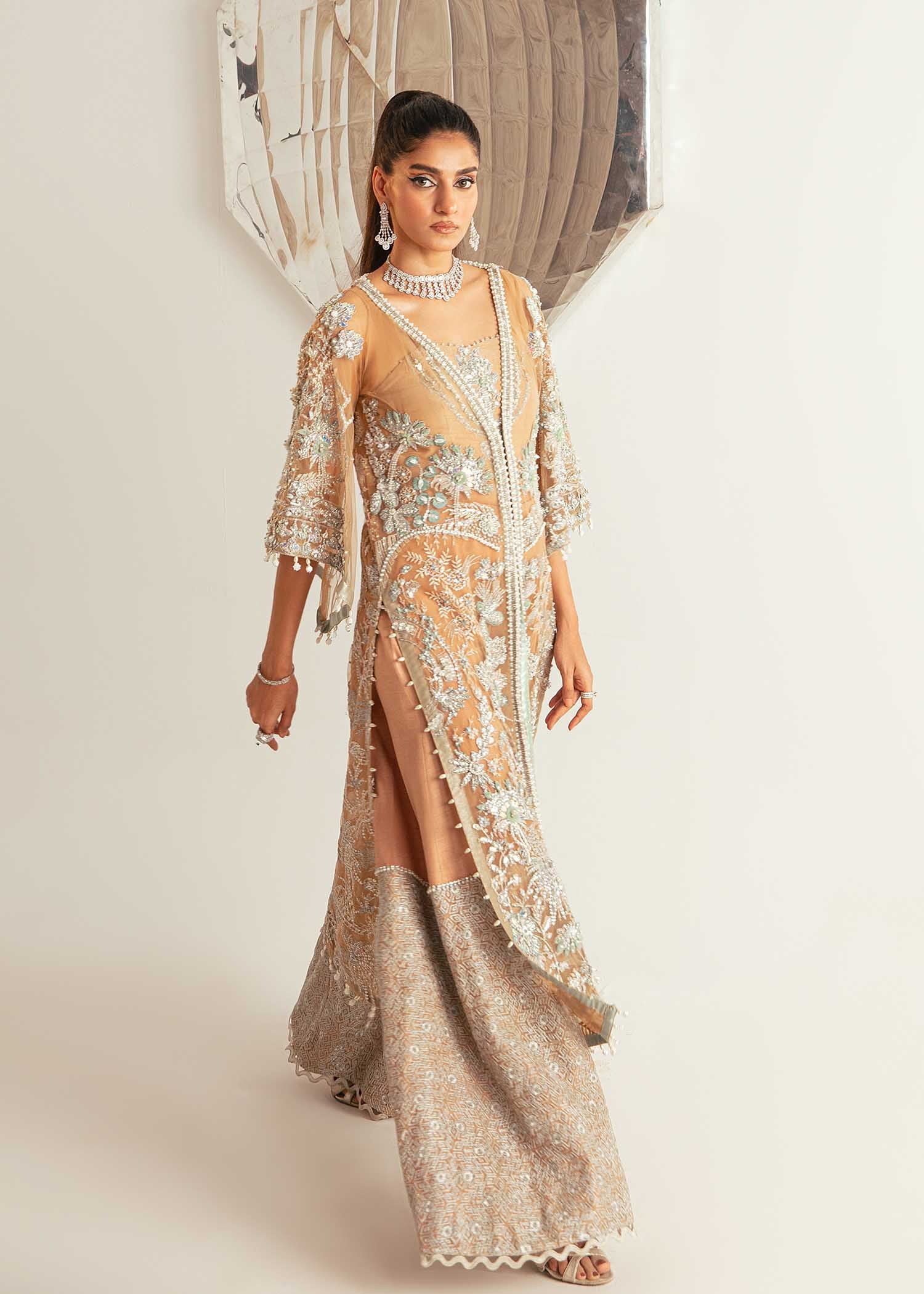 Nude Aqua Embroidered Net Long Shirt & Rawsilk Pants (2-Piece) - Image 1