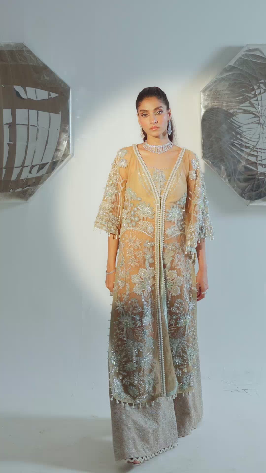 Nude Aqua Embroidered Net Long Shirt & Rawsilk Pants (2-Piece) - Image 10