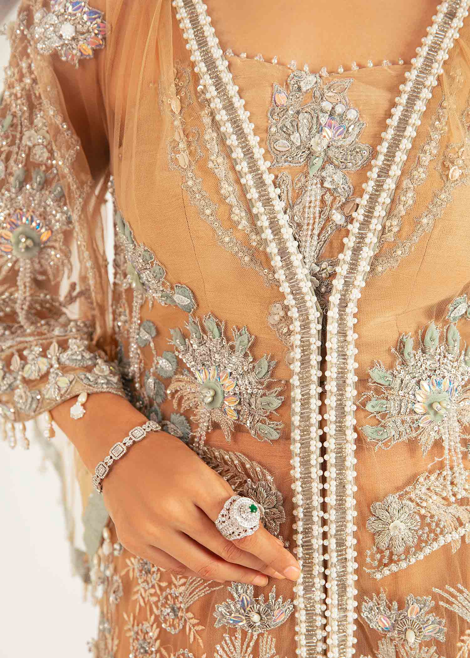 Nude Aqua Embroidered Net Long Shirt & Rawsilk Pants (2-Piece) - Image 2