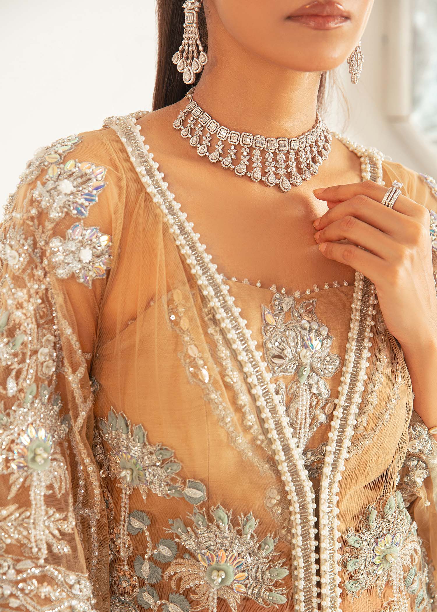 Nude Aqua Embroidered Net Long Shirt & Rawsilk Pants (2-Piece) - Image 3